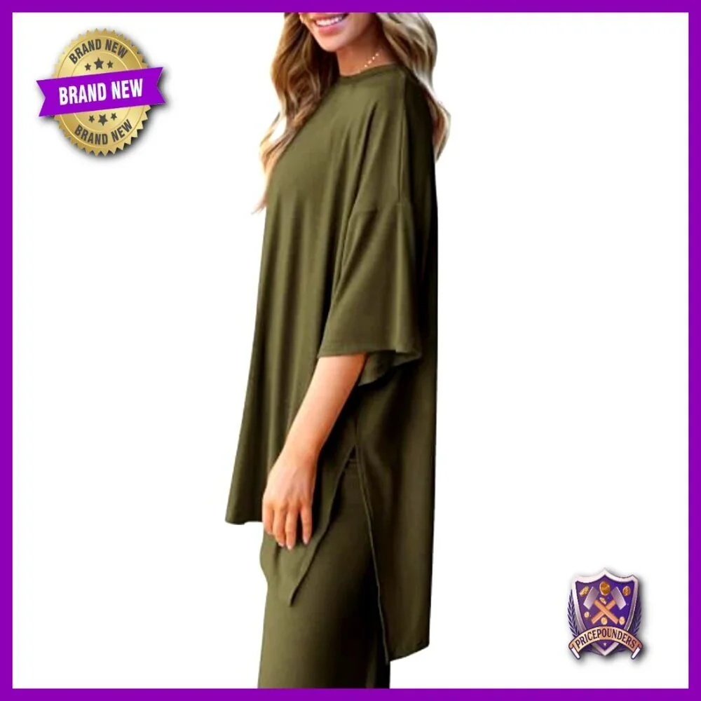 Two Piece Lounge Set Wide Leg Pants Crewneck Top Comfortable Knit Matching